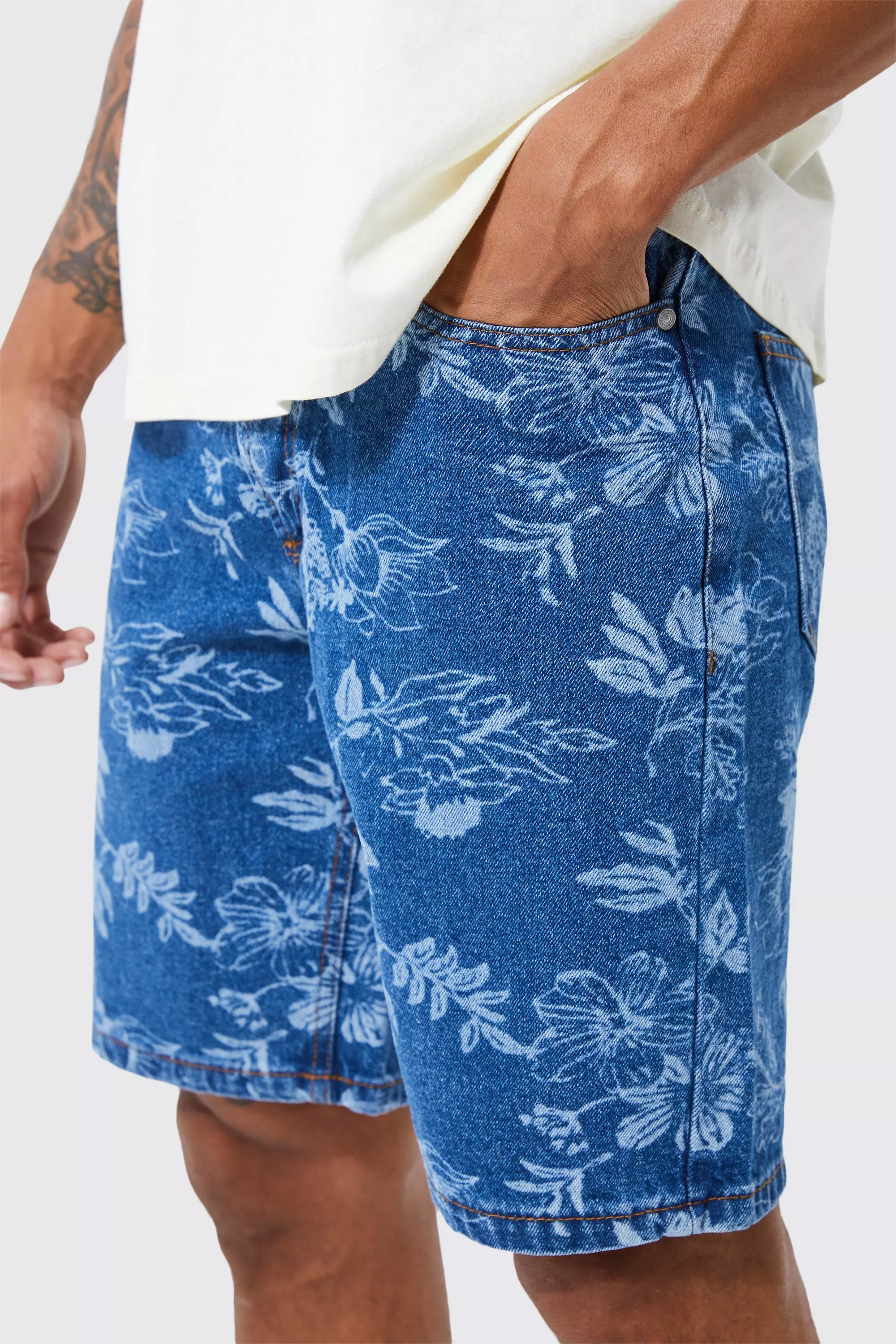 Straight Rigid Floral Laser Print Denim Shorts boohooMAN AU